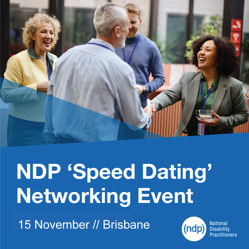 NDPbuzz's tweet photo. Are you a disability professional in Queensland looking to build your professional network? Join us at a ‘Speed Dating’ Networking Event in Brisbane on Wednesday 15 November, hosted by National Disability Practitioners (NDP). Find out more here https://t.co/ViSErR4jYs https://t.co/pgPSzzlDRo