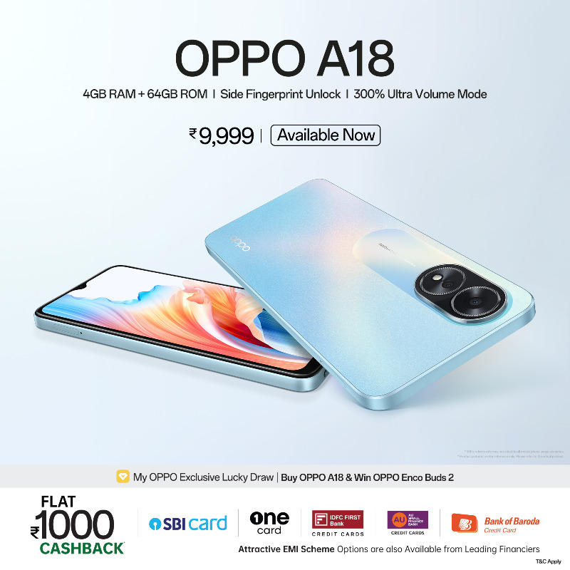 Prepare to be amazed by the all-new OPPO A18, loaded with incredible features like 4GB RAM + 64GB ROM, side fingerprint lock, 300% ultra volume mode, and much more

Make it yours at just Rs 9,999!

Available Now: bitly.ws/WvJs
