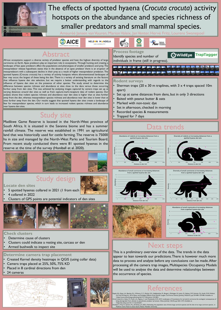 ajansenvv's tweet image. Today at the #ORC2023 I will be presenting a poster on the work I've been doing to determine the effects of spotted hyaena dens on smaller predator and small mammal species. I hope to see you there!
#ORGC