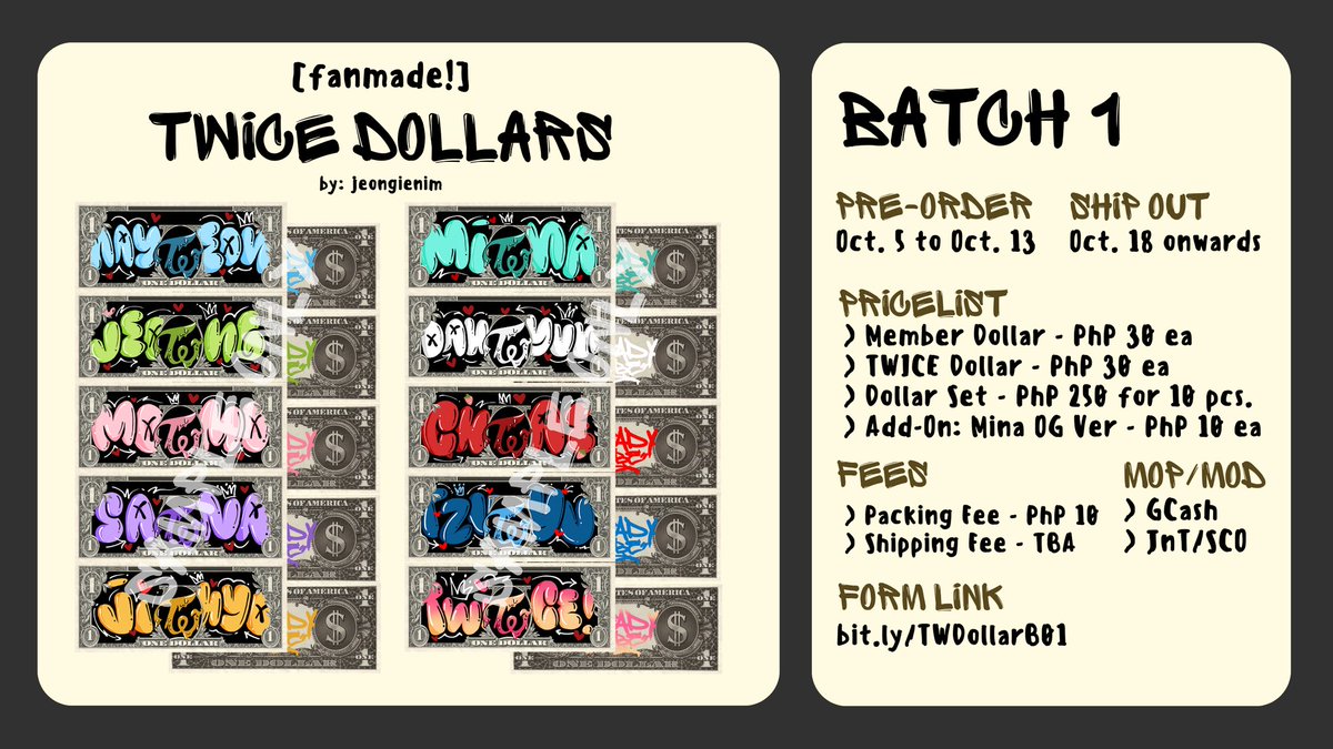 jeongienim's tweet photo. [ wts lfb ]

FANMADE TWICE DOLLARS
by @jeongienim 💚

Pricelist:
> Full Set - PhP 250 for 10 pcs.
> Member/Twice Ver. - PhP 30 ea.
> Add-On: Mina OG Ver Reprint - PhP 10 ea. (not available for individual sale)

Pre-order Link:

https://t.co/R8Pf8thaEg
https://t.co/R8Pf8thaEg https://t.co/G215X0phZS
