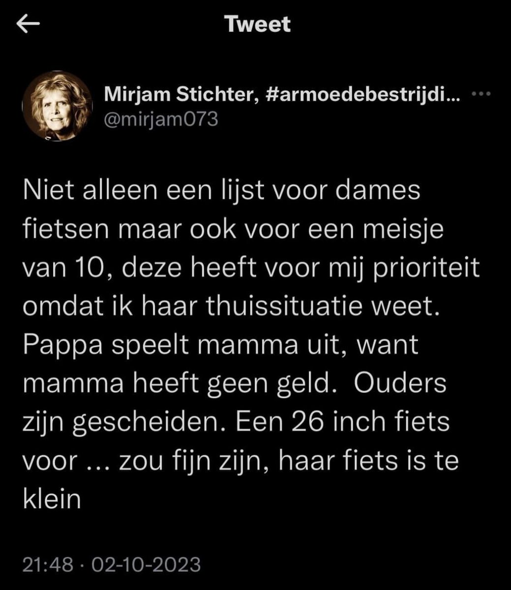 Deze dame houdt zich bezig met het helpen van mensen, die in armoede leven. Kan iemand haar helpen aan een fiets?