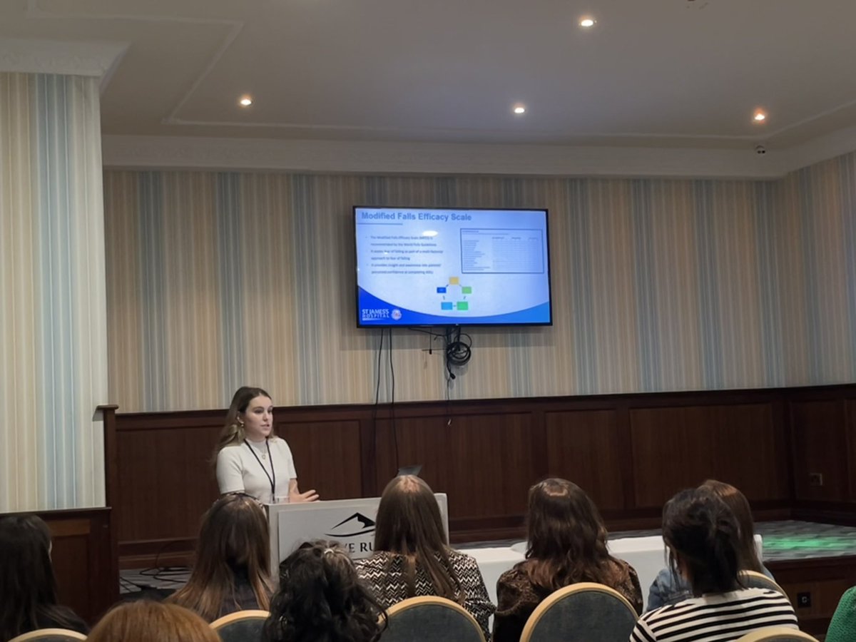 📢 Kate Ward enlightening us on 'Capturing the impact of Falls education with a client-centered, peer-learning approach at Saint James Hospital Dublin' at #AOTI2023