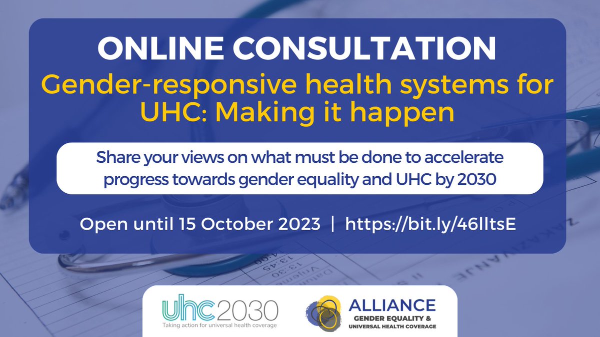 📢Calling all champions of #GenderEquality in health!🌐 
Help us mainstream gender into #UHC by participating in our online consultation. Your feedback is crucial in shaping the future of health systems.
Act now👉🏾ow.ly/W9wK50PRJr8