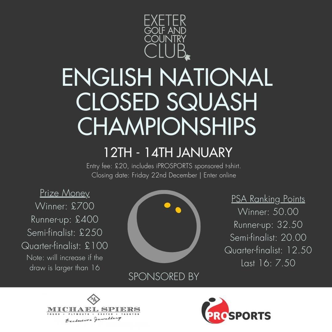 Really looking forward to hosting this in Jan 2024 @exetergcc @englandsquash National Championships. Open to pro & amateur players, all get 2x matches + a quality @iPROSPORTS top! Entry via - bit.ly/3Mpy3if @karakaluk @Mike_Hegarty @SquashInfo @SquashMadNews