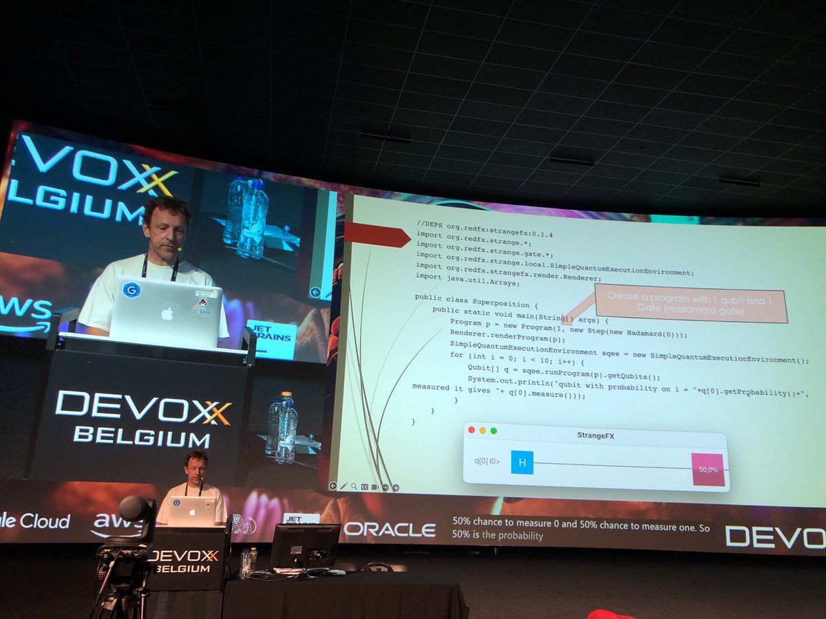At ⁦<a href="/Devoxx/">Devoxx</a>, ⁦<a href="/johanvos/">Johan Vos (https://mastodon.social/@johanvos)</a>⁩ is talking about quantum computing and how #java and #javafx help doing scientific work!
