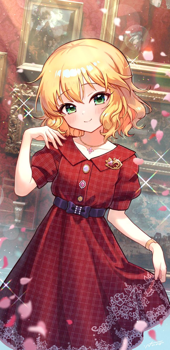 sakurai momoka 1girl blonde hair dress solo red dress green eyes smile  illustration images