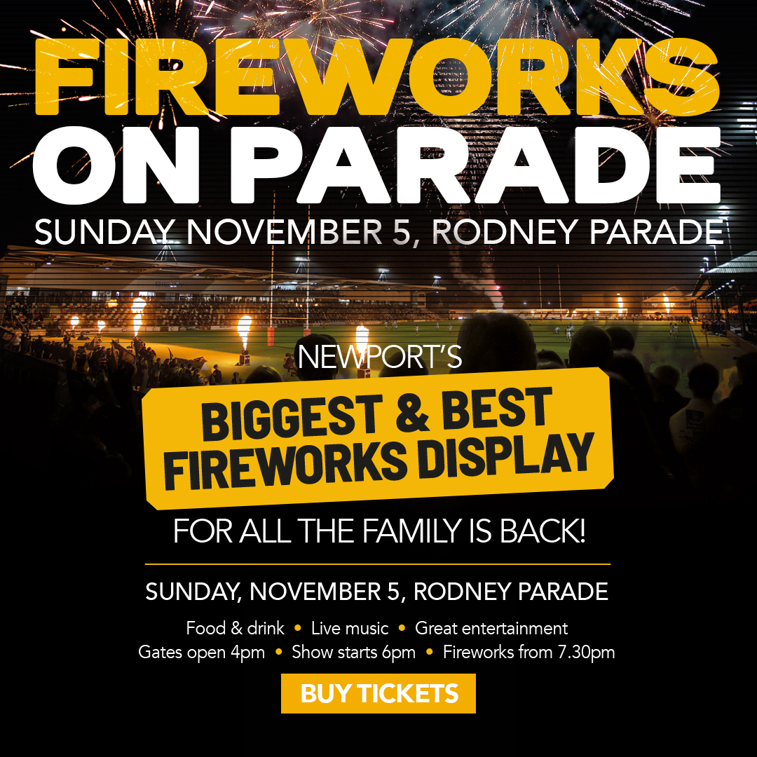 🎆𝙁𝙄𝙍𝙀𝙒𝙊𝙍𝙆𝙎 𝙊𝙉 𝙋𝘼𝙍𝘼𝘿𝙀 | It's 🔙 on Bonfire Night! 🎇

Newport’s biggest &amp; best fireworks display for all the family returns – and tickets are on sale NOW! ⤵️

𝙏𝙄𝘾𝙆𝙀𝙏𝙎 ▶️ eticketing.co.uk/dragons/EDP/Ev……
𝘿𝙀𝙏𝘼𝙄𝙇𝙎 ▶️ shorturl.at/dBGIY

#WeAreGwentRugby