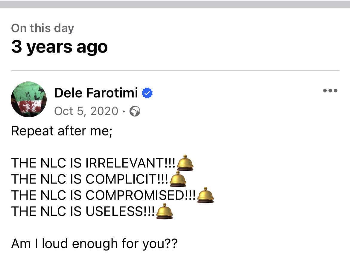 Repeat after me; 

THE NLC IS IRRELEVANT!!!🛎
THE NLC IS COMPLICIT!!!🛎
THE NLC IS COMPROMISED!!!🛎 
THE NLC IS USELESS!!!🛎

Am I loud enough for you??