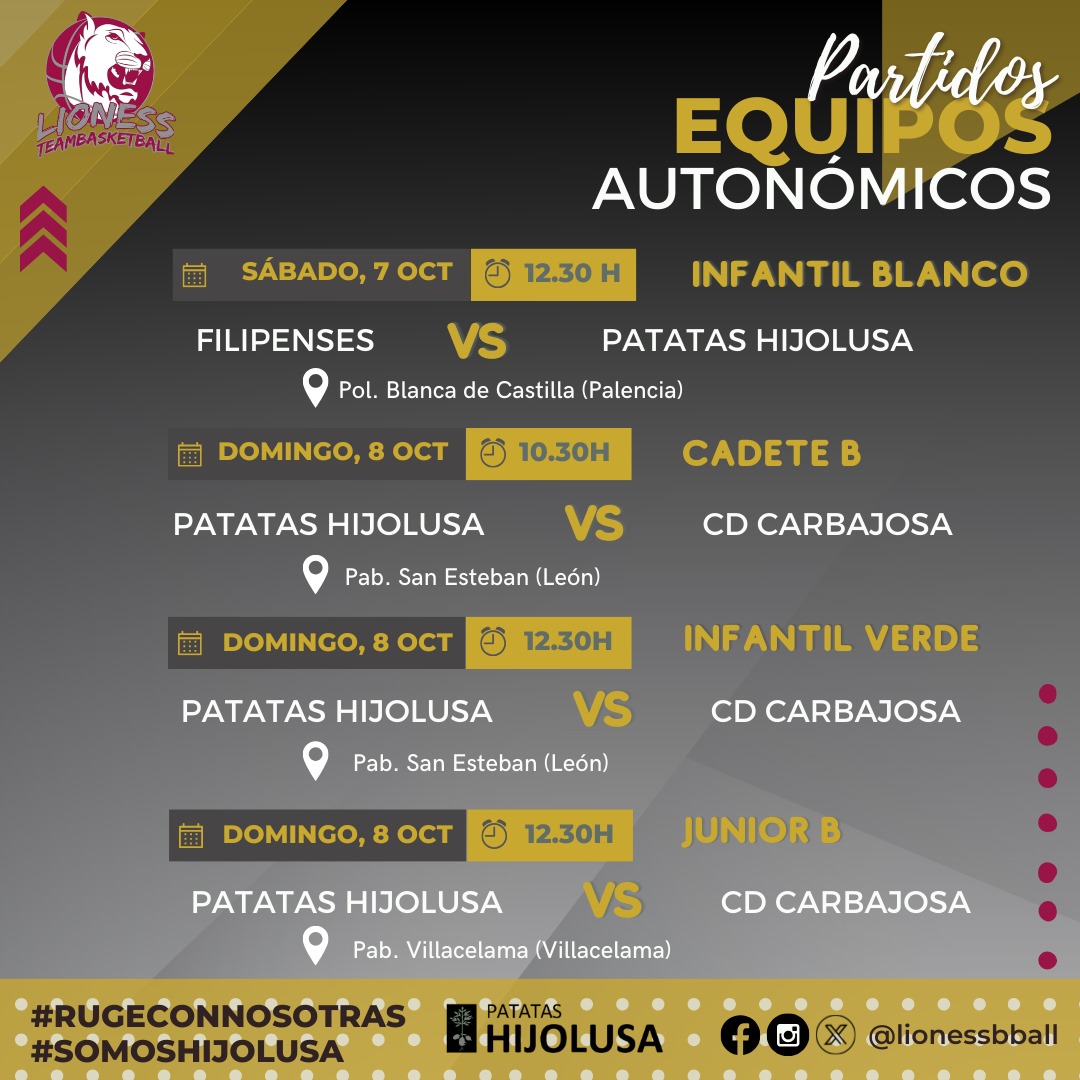 LionessBball's tweet photo. | C A N T E R A 🏀 |

‼️Este fin de semana comienza la liga para nuestros equipos autonómicos‼️

👇🏻 Aquí os dejamos el calendario de partidos. 

📆 7 y 8 de octubre

¡Mucha suerte a todos! 🍀💪🏻

#Rugeconnosotras #SomosHijolusa💚 @hijolusa https://t.co/NSNhVGPDgP