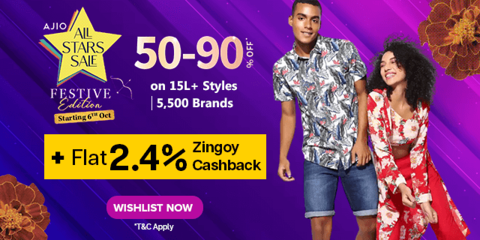 zingoy_cashback's tweet photo. 💥Ajio All Star Sale Alert! 💥
[starts 6th Oct]

Upto 50% - 90% Off on 15L + Styles
➕
Flat 2.4% ZIngoy Cashback 💵

Wishlist Now 👉 https://t.co/iTDghhsBQ6

#Ajio #AllStarsSale #festival #Sale https://t.co/SwIp1lzzDt