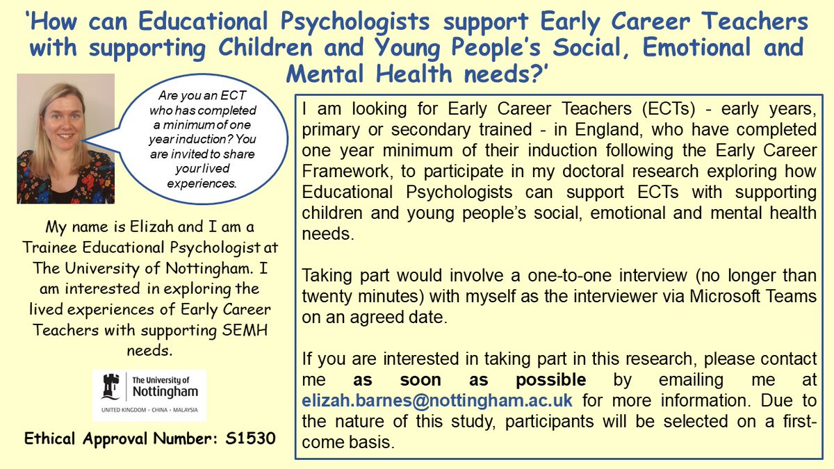 If any ECT2s have twenty minutes to spare to participate in my research, I would be really grateful. Please contact me on the email below ASAP. Thank you!   #ECT #ECT2 #EarlyCareerTeachers #EarlyCareerFramework #TeacherInduction  #edutwitter #TwitterEPs