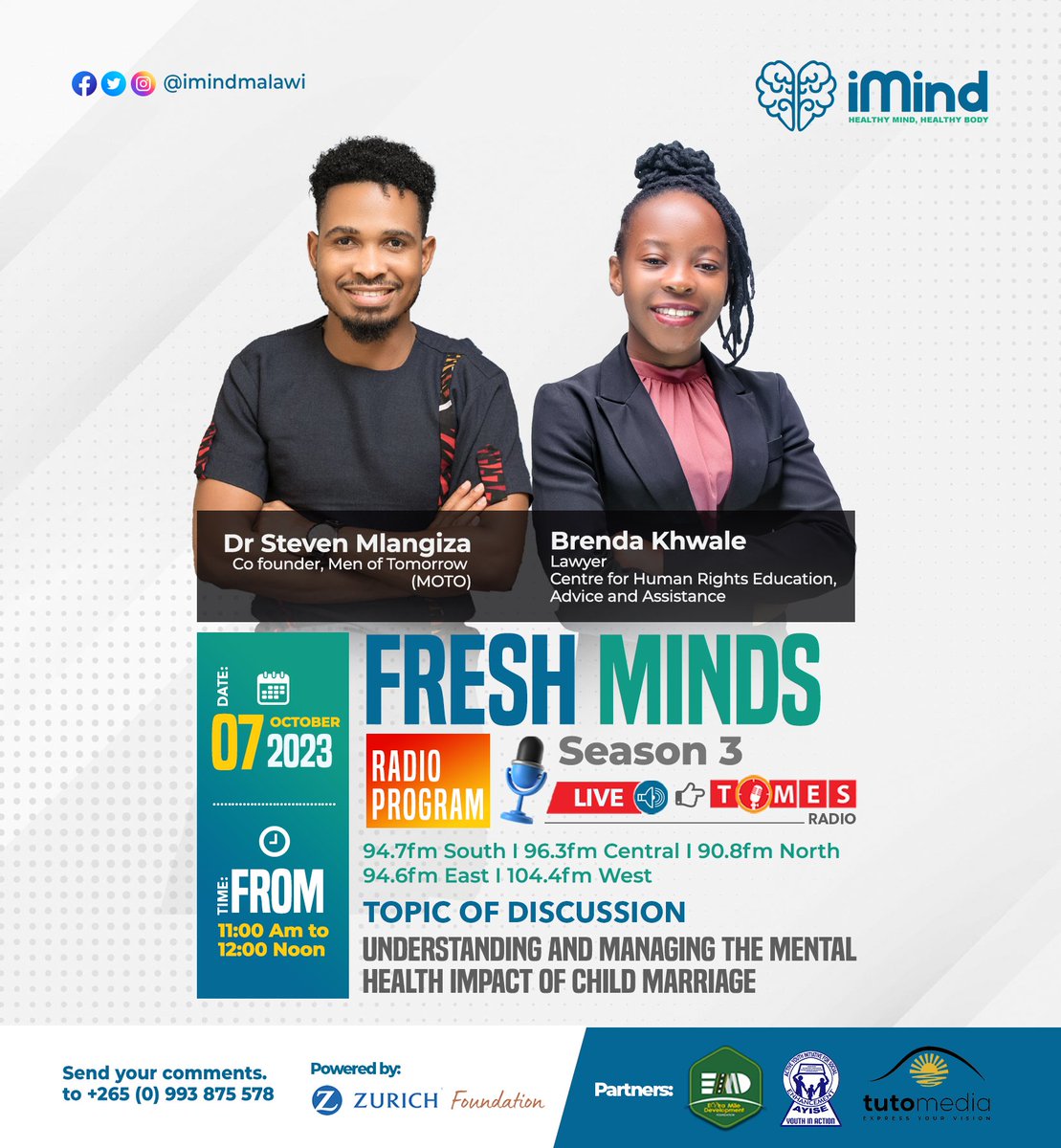 imind_malawi's tweet photo. Episode 11 coming to you fresh this coming Saturday. Keep your radio close by 📻😊 

#FreshMinds
#mentalhealthmatters
#saynotochildmarriage https://t.co/ucC1YbtZmE