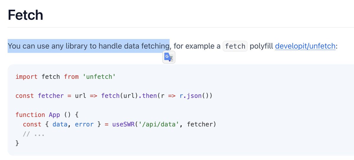 NOtherDev's tweet photo. Why @vercel calls SWR a "library for data fetching" when it expects me to provide a fetcher function and tells me "You can use any library to handle data fetching"? I guess someone meant "library for data CACHING" instead 🤔 https://t.co/8qPaTX6Lq4