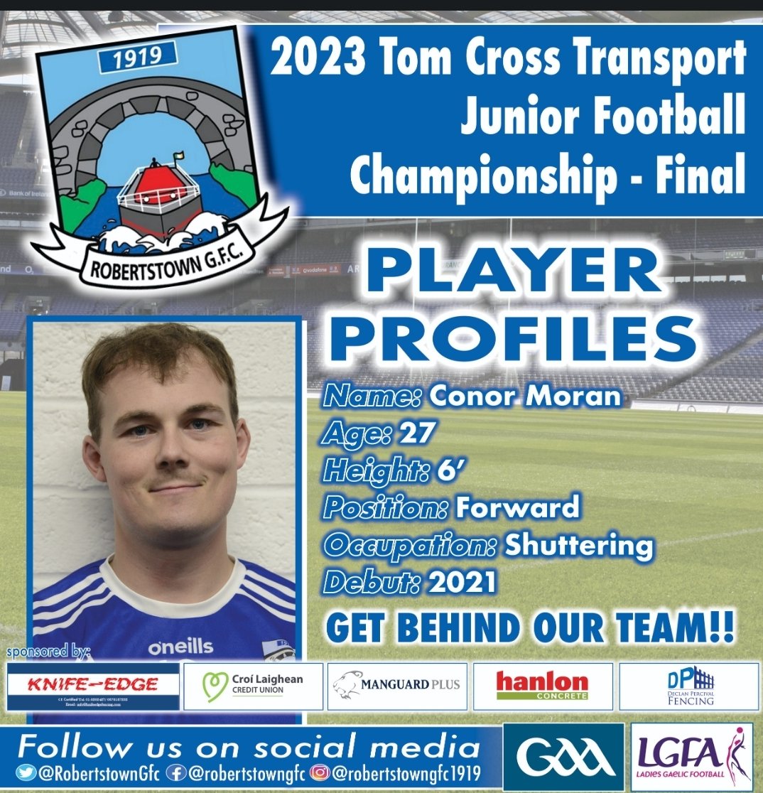 RobertstownGfc's tweet photo. Ahead of the Tom Cross Junior Football Championship Final on Sunday, we want you to meet the panel.
Next up, we have Conor Moran
#robertstownGFC #juniorfinal #tomcrossjuniorchampioship #knifeedgefencing #kildaregaa #meettheteam https://t.co/2bA5wxqTKo