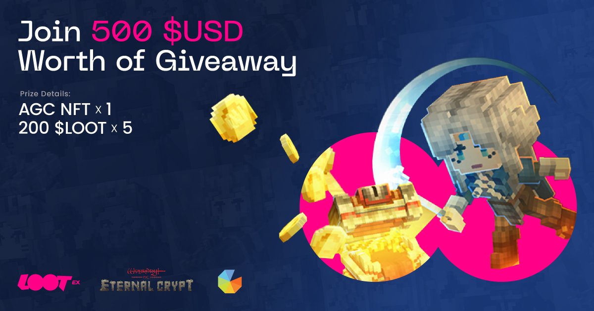 Lootex.io | NFT Marketplace 🔥 (@lootexio) on Twitter photo Join the 500 $USD worth of giveaway 🔥
To celebrate the partnership with <a href="/WizardryBC/">Eternal Crypt - Wizardry BC - | エクウィズ</a>, we are giving away 1 AGC NFT and 1,000 $LOOT!
Check out the Gleam Competition page to join the draw!
🔗 go.lootex.io/59dxpa Join the 500 $USD worth of giveaway 🔥
To celebrate the partnership with <a href="/WizardryBC/">Eternal Crypt - Wizardry BC - | エクウィズ</a>, we are giving away 1 AGC NFT and 1,000 $LOOT!
Check out the Gleam Competition page to join the draw!
🔗 go.lootex.io/59dxpa