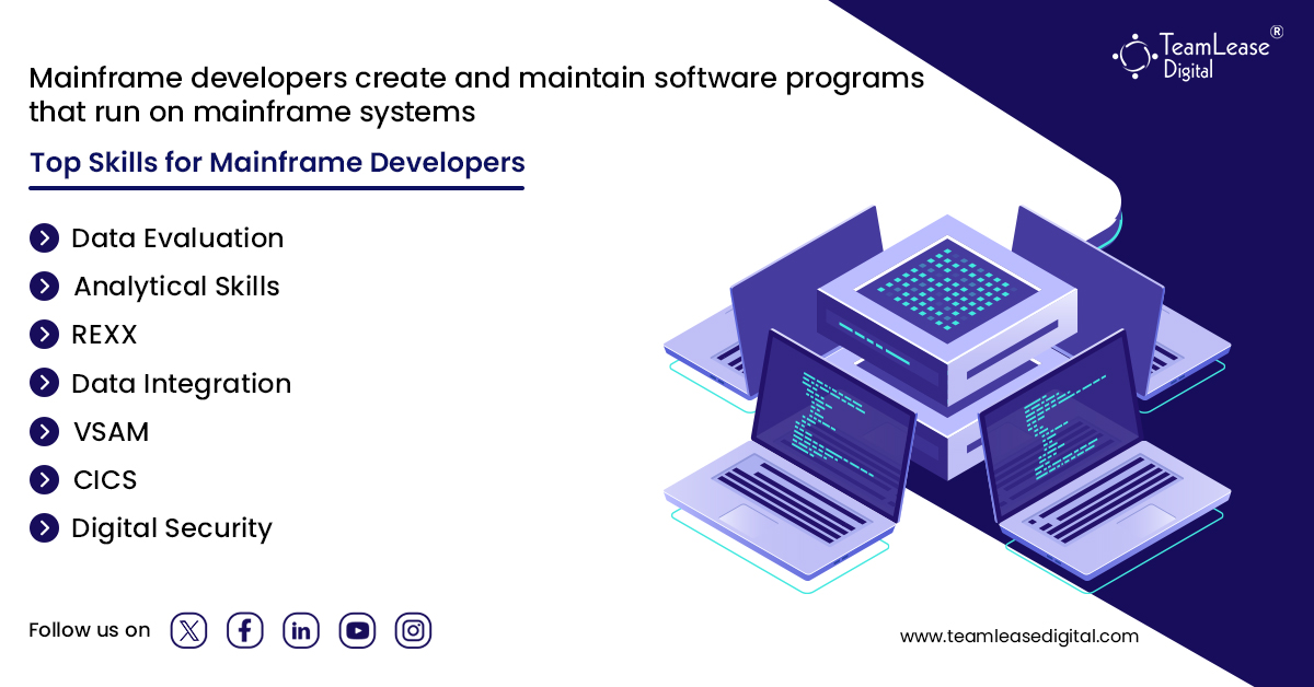 TeamLeaseDGT's tweet image. Mainframe developers are concerned with the development, troubleshooting, and modification of current #mainframe system along with perform analysis and designing custom features and functions for applications.
Know the top skills required in this field.
#mainframedeveloper