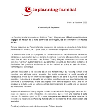 Suite à l’interdiction de la vente aux mineurs du roman Bien trop petit de Manu Causse, les éd. Thierry Magnier publient un recueil de témoignages. 1 part des bénéfices de la vente sera reversée au Planning familial afin de soutenir le droit à l’éducation à la sexualité 🤝