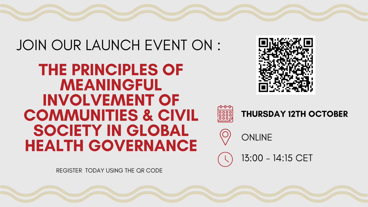 gnpplus's tweet photo. Join us on 12th October for the Launch of the Principles of Meaningful Involvement of Communities & Civil Society in Global Health Governance, developed through a taskforce of community and civil society reps from the different global health initiatives 

REGISTER: https://t.co/ueCHk5XHJD