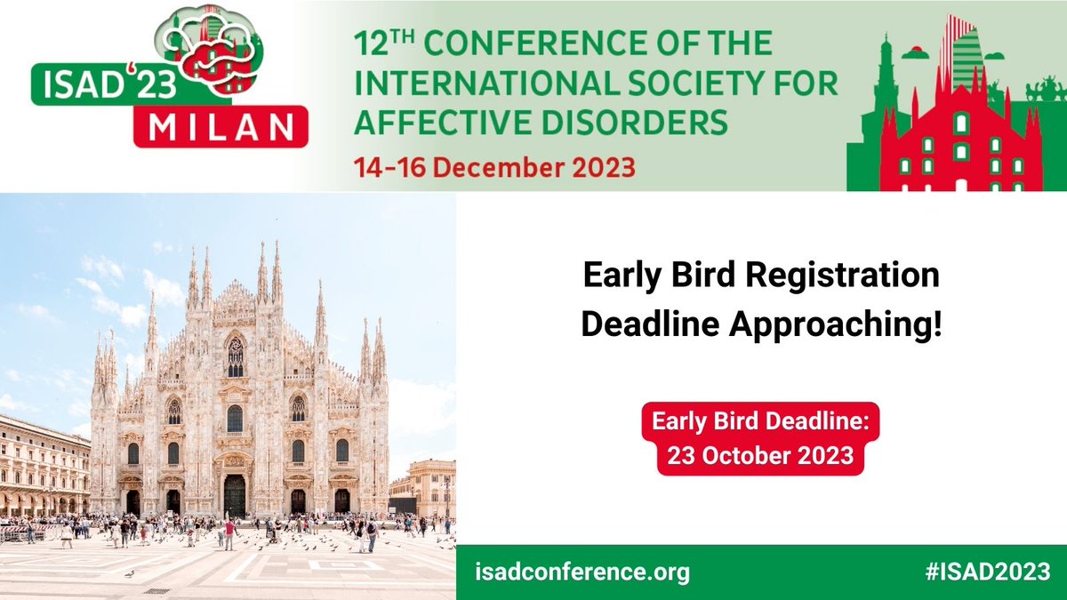 🗓️ Don't miss out on the opportunity to be part of #ISAD2023!

Early bird registration period ends soon. Secure your spot now with discounted rates!

🧠Let's dive into cutting-edge discussions on affective disorders together!

🔗 bit.ly/3W9DCFX