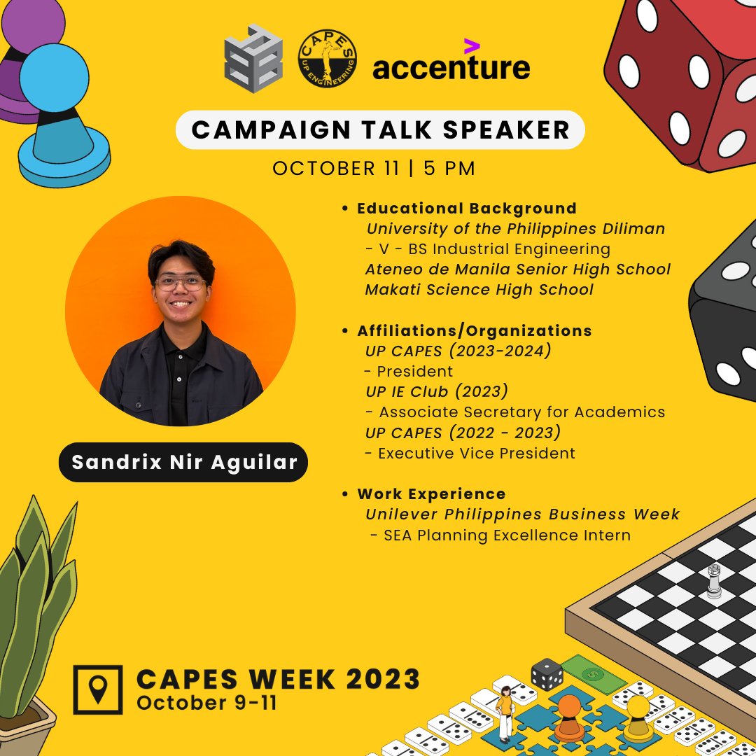 UPCAPES's tweet image. #BuildYourBase with UP CAPES! 

Join our talk on Oct. 11, 2023 at 5:00 PM.   

Meet one of our esteemed speaker. He&apos;s a leader and an expert in planning for a succesful career. 

RSVP here: bit.ly/CAPESWeek23Tal… 

See you there! 

#BuildYourBase 
#CAPESWeek2023 
#CAPESat31