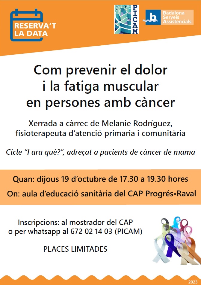 BSABadalona's tweet photo. 📢 El 19 d'octubre, a les 17.30 hores, al #CAPProgrésRaval, nova xerrada del cicle per a pacients de càncer organitzat per l'associació #PICAM i @BSABadalona.
Parlarem de dolor i fatiga muscular de la mà de la fisioterapeuta del centre.
Tota la informació, aquí: https://t.co/LlYUzwHhss