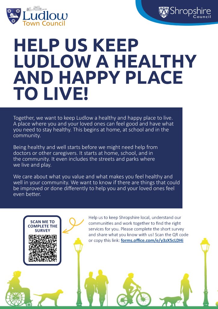 We're keen along with @shropshirecouncil to hear your thoughts about how we can keep Ludlow a happy and healthy place to live. 

Please take the time to share your thoughts online or grab a paper copy from Ludlow Library and Ludlow Town Council. 

forms.office.com/e/y3zX5cLDHiu