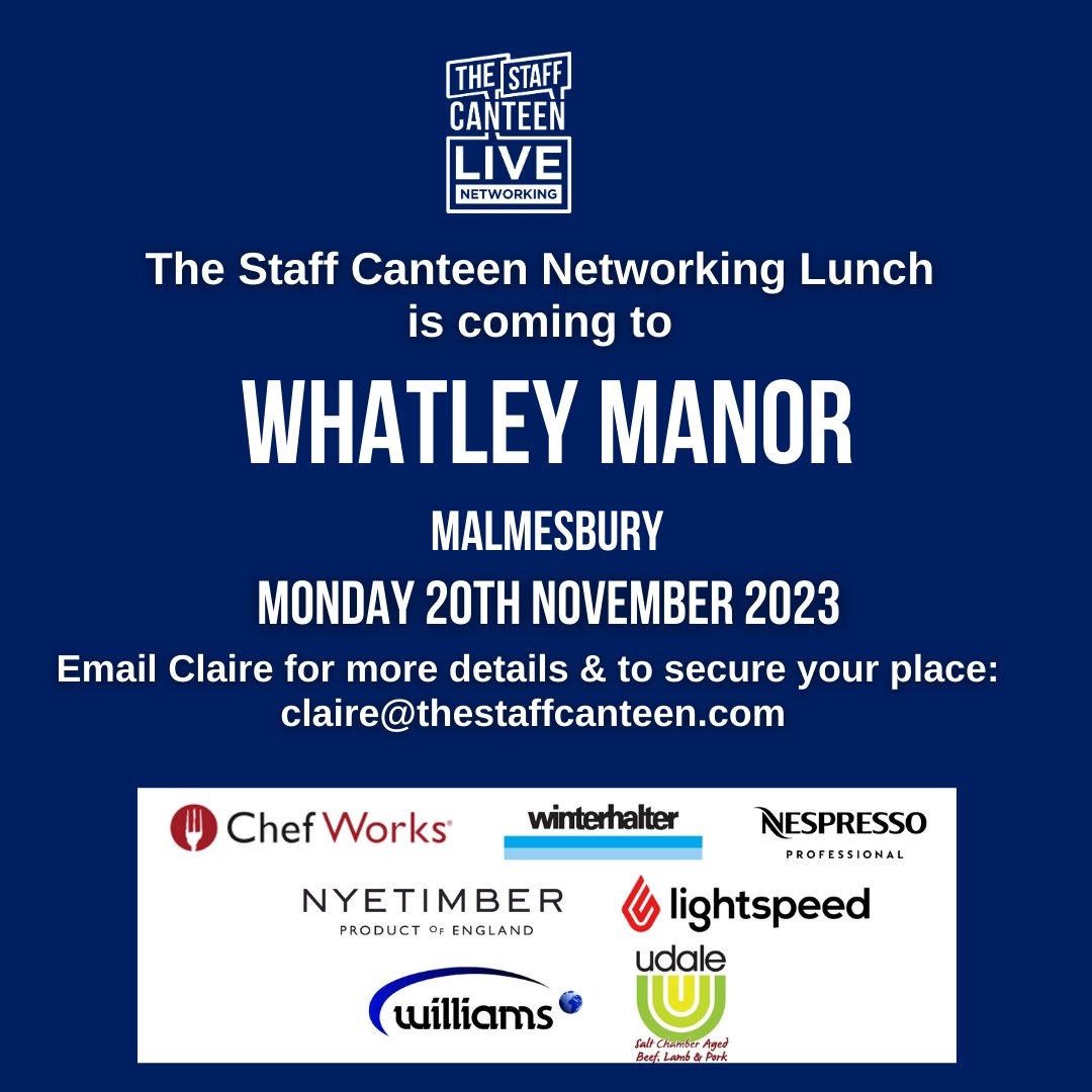 Our NOVEMBER #TSCLive Networking Lunch is going to @Whatley_Manor 🍽️ Do you live in or around Malmesbury and want to network with chefs, restaurant managers and our sponsors? 📩 DM us or send an email to claire@thestaffcanteen.com to find out more!