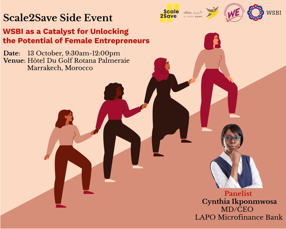 💥Meet our speakers of #Scale2Save event to take place in #Marrakesh next Friday. Ms. Cynthia Ikponmwosa, MD&amp;CEO of <a href="/LAPO_MFB/">LAPO Microfinance Bank Limited</a> will elaborate on unlocking the potential of female entrepreneurs. Register: nancy325.typeform.com/to/I8xjG8AV?ty… Agenda: wsbi-esbg.org/wp-content/upl… #womenentrepreneur