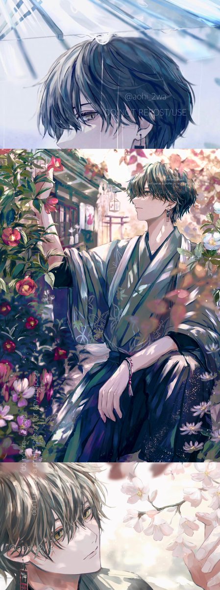 male focus flower jewelry earrings japanese clothes short hair black hair  illustration images