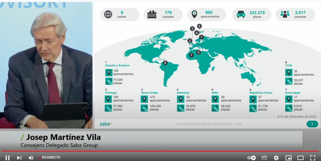 #EncuentroAnualBnfix2023  Josep Martínez Vila explica que, antes de la pandemia, los párkings de Saba trabajaban para convertirse en operador logístico de la "última milla", así como la transformación digital de la compañía