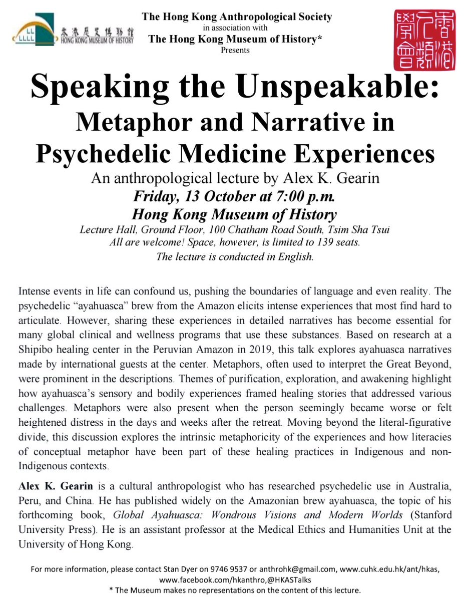 alex_gearin's tweet photo. Excited to share my new research on psychedelic literacies and narrative medicine at The Hong Kong Anthropologicical Society, Fri 13th Oct, 7pm, TST, HK. Come along if you can! https://t.co/8bZ3RnoCHq