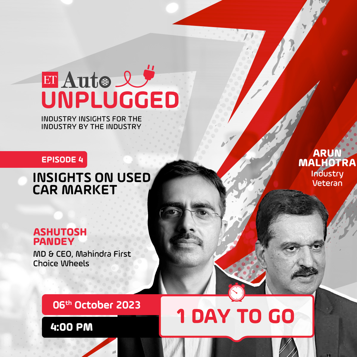 1 DAY TO GO!! #ETAutoUnplugged EP 4 releases tomorrow. 'Insights on Used Car Market' with @ashutosh9315, MD & CEO, Mahindra First Choice Wheels Ltd When: October 6, 2023 (Friday) Time: 4.00 PM Where: auto.economictimes.indiatimes.com/unplugged @ArunMalhotra_07 #ETAutoUnplugged #ETAuto