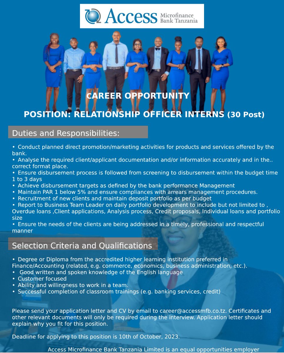 Access Microfinance Bank Tanzania Limited is offering excellent long-term career development opportunities for graduates and highly motivated professional applicants. 
#Jobseekers #career #Employment