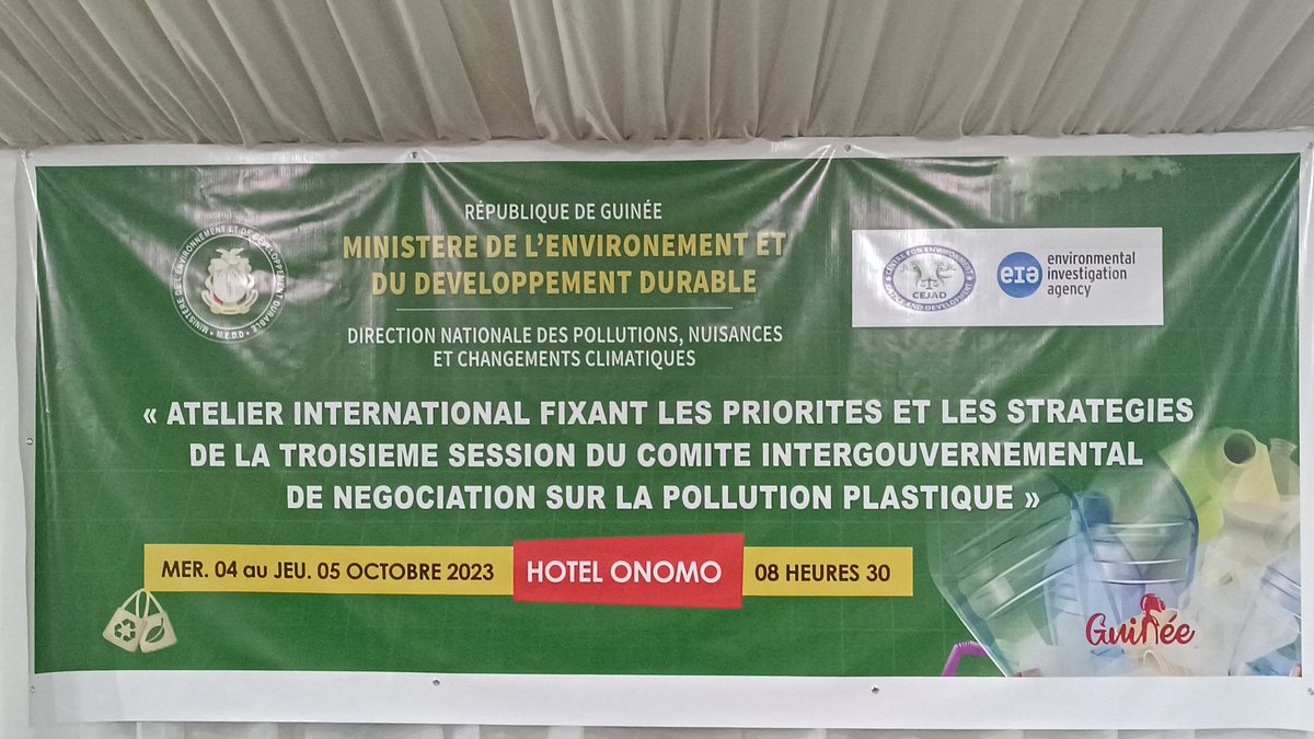 #Gabon is taking part in a #workshop organised by the Government of #Guinea #Conakry and its #partners (CEJAD &amp; EIA) ahead of the third session of the Intergovernmental Negotiating Committee on #PlasticPollution, to be held in #Nairobi, Kenya, from 13 to 19 November 2023.