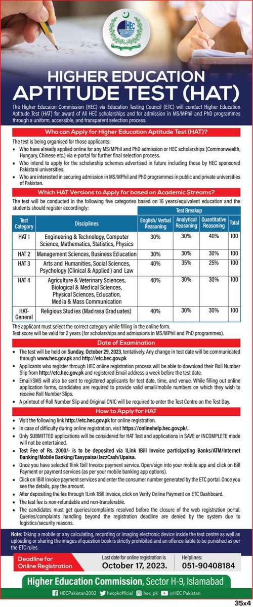 Submit your application for HAT test on etc.hec.gov.pk before October 17, 2023.

In case of any complication during online application, visit onlinehelp.hec.gov.pk