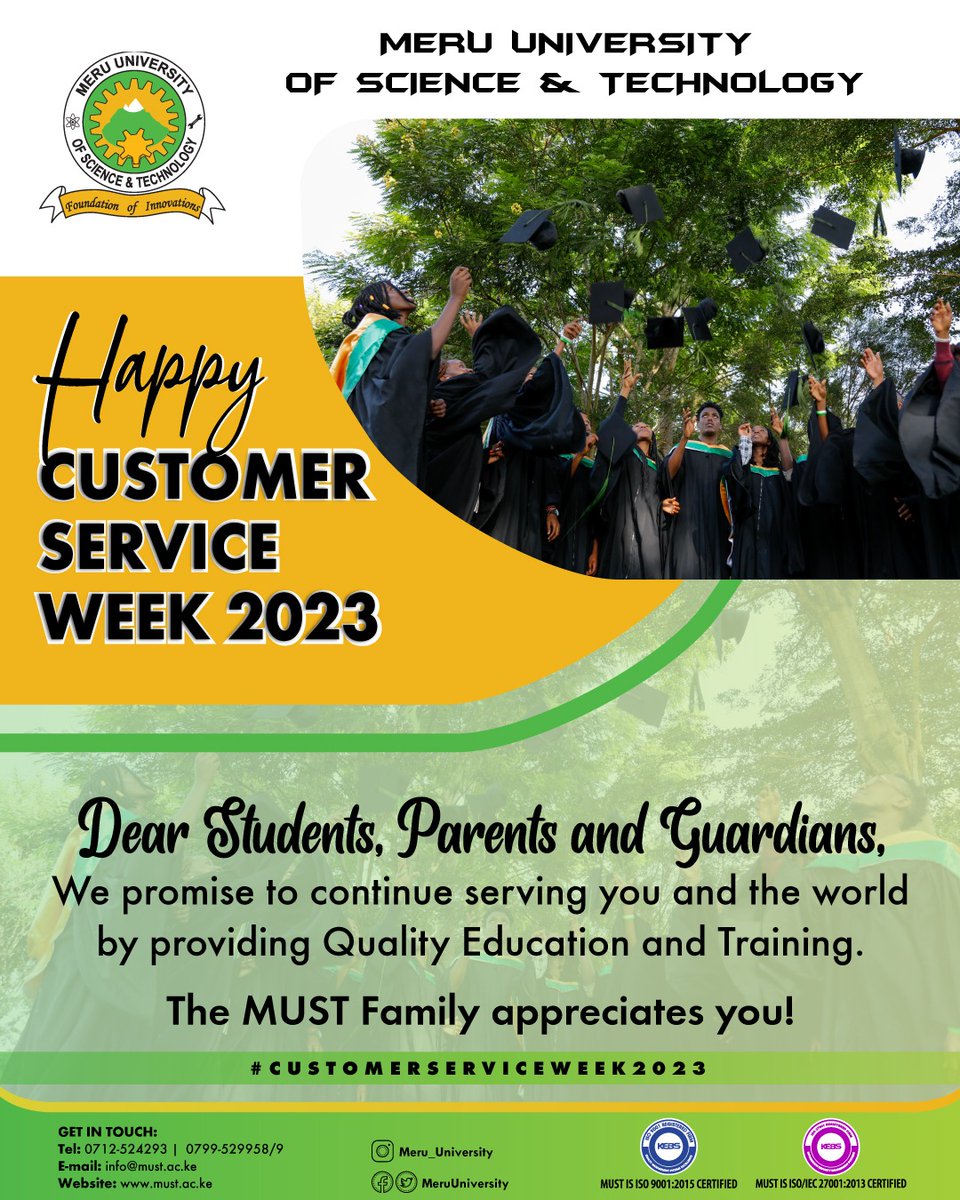 MeruUniversity's tweet photo. Happy Customer Service Week!!
The MUST family APPRECIATES YOU.
#StudyatMUST
#ChooseMUST
#MUSTat10 https://t.co/gfgKjmFWAs