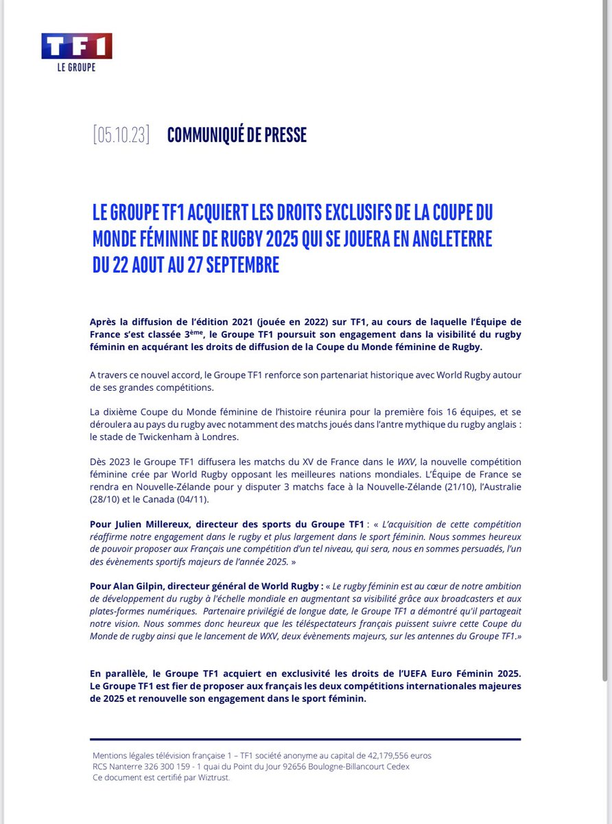 Très fier de pouvoir proposer la Coupe du Monde féminine de Rugby 2025 en exclusivité sur les antennes du @GroupeTF1 qui sera l’un des évènements majeurs de l’année @FranceRugby @worldrugby Avec l’UEFA Euro féminin, 2025 sera résolument une grosse année sport sur nos antennes!