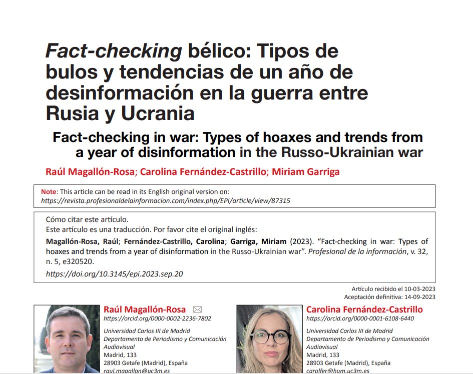Muy contento de publicar con <a href="/CFCastrillo_/">CAROLINA FERNÁNDEZ-CASTRILLO</a> y <a href="/Miriam_Garriga/">Miriam Garriga</a>:
"Fact-checking bélico: Tipos de bulos y tendencias de un año de desinformación en la guerra entre Rusia y Ucrania"
revista.profesionaldelainformacion.com/index.php/EPI/…
