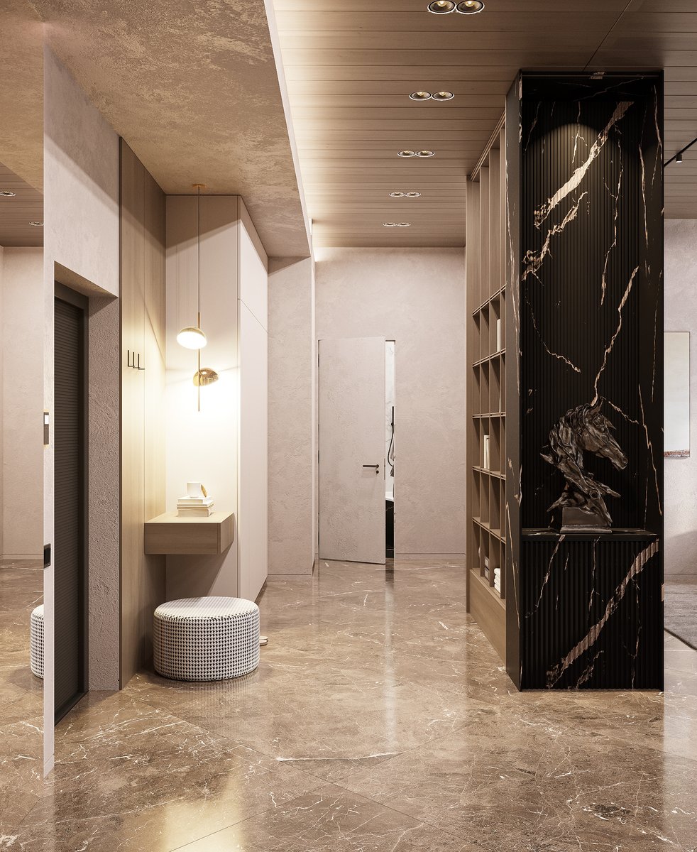 Дизайн-проект квартиры в минимализме разработан для молодого мужчины-бизнесмена. Интерьер имеет яркие акценты в материалах и декоре, что определенно приковывает внимание. В коридоре мы видим черный камень с прожилками – это кварцевый агломерат. 
Подробнее: remont-f.ru/portfolio/proj…