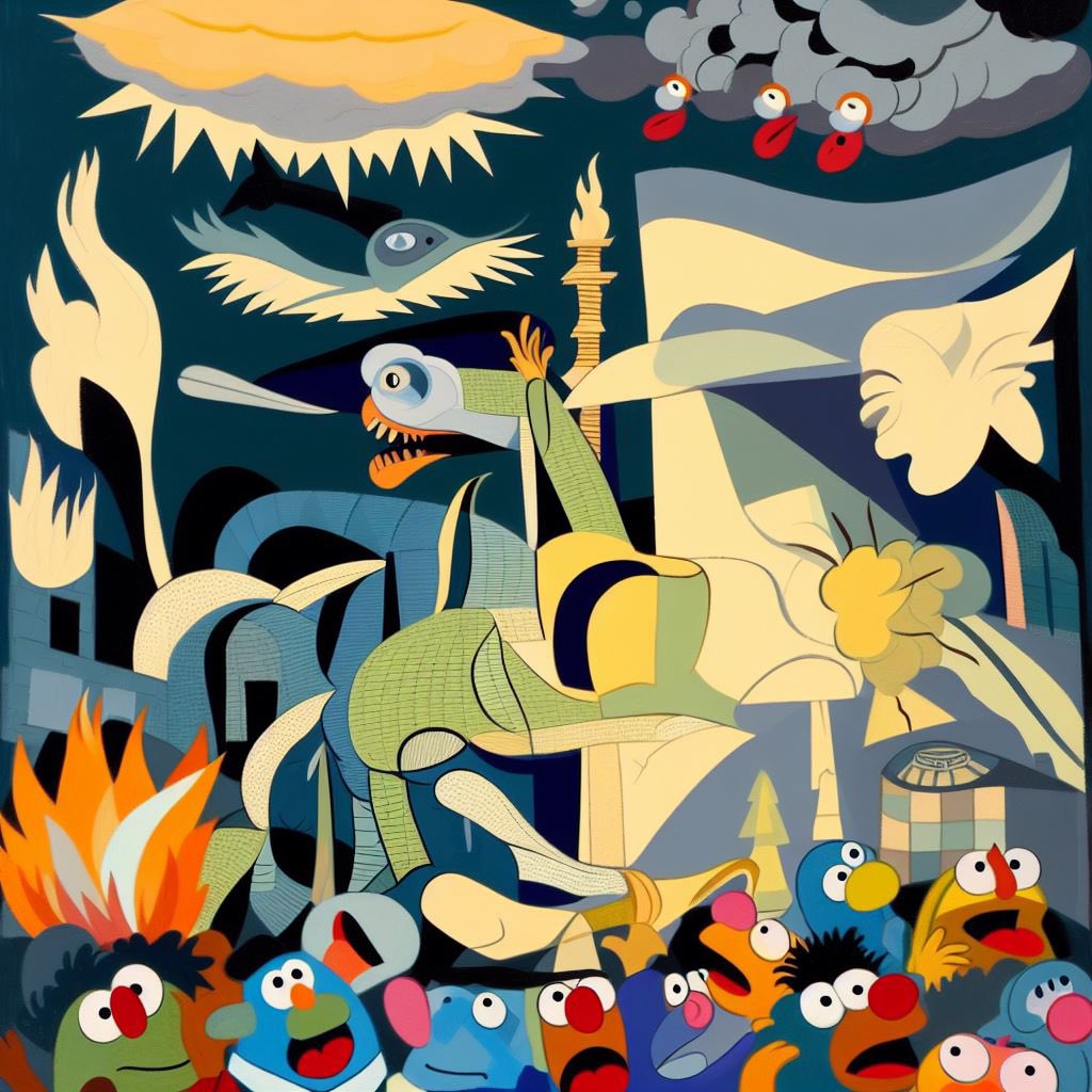 funcrustables's tweet photo. Picasso’s The Bombing of Guernica with Muppets https://t.co/Xif5BZAVmD