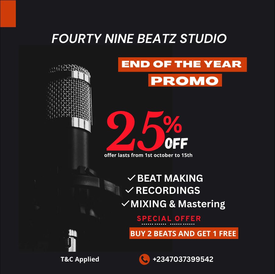 A Song is incomplete without a good Beat. Dm me to get a Quality Beat & A Radio Ready Mixing & Mastering at 25% discount price. Offer lasts till Oct 15th Home service available. ☎️ 07037399542 2baba #CatholicTwitter Datti Tinubu Ruger Adeleke'Rubi Rose'Pastor Chris' Yorubas