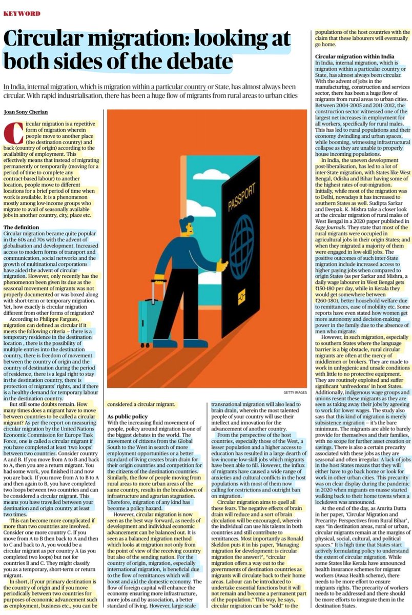 imRavikantYadav's tweet photo. 'Circular Migration: Looking at Both Sides of the Debate'
:Well explained by Ms Joan Sony Cherian
#CircularMigration
#InternalMigration
#Migration #migrants
#industrialisation #rural #urban
#BrainDrain #SkilledLabour #LowSkill #Jobs #Employment
#conflict
#UPSC
Source: TH https://t.co/4eDMpTd2OR