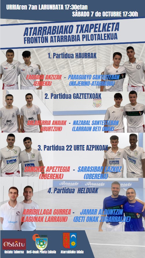 No te pierdas las finales del #AtarrabiakoTxapelketa el próximo sábado en el #FrontonAtarrabia con presencia de pelotaris del <a href="/beti_onak/">Club Deportivo Beti-Onak</a> en tres de ellas. #AurreraBeti!!! <a href="/villavatarrabia/">Ayto VillavAtarrabia</a> <a href="/FNPelotaVasca/">FNPelotaVasca</a>