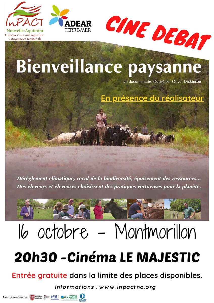 InPACT_NA's tweet image. En plein @SommetElevage, repenser l’#élevage est urgent ! Rdv le 16 octobre à #montmorillon au Cinéma Le Majestic pour une soirée ciné débat. Les solutions proposées s’écartent des modèles de développement agricole préconisés depuis les années 60. Pour un #élevagepaysan