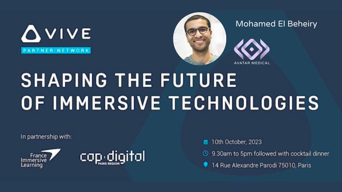 Save the date! Our CTO, Mohamed El Beheiry, will present at the HTC VIVE Partner Network event, in partnership with France Immersive Learning and Cap Digital. 📅 October 10, 2023, from 9:30 to 17:00 CEST 💻 Register here ➡️ lnkd.in/e-R85NMB #VIVEConference