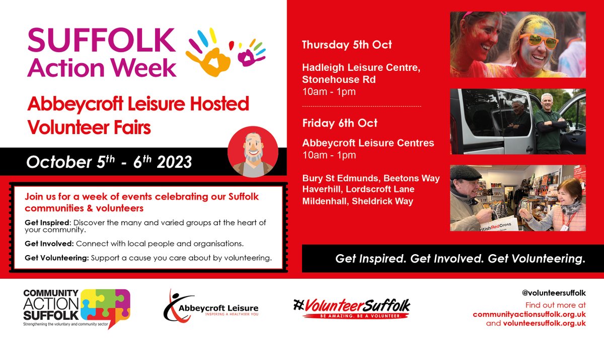 VolSuffolk's tweet photo. Are you interested in volunteering in Hadleigh, Bury St Edmunds, Haverhill or Mildenhall? 

Pop along to one of our volunteering information events hosted by @AC_Leisure  &amp; speak to our friendly team. 

#SuffolkActionWeek https://t.co/OWVA99WHx3