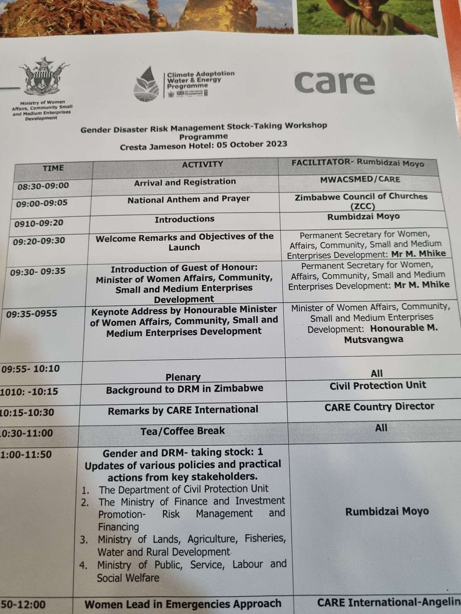 Representing <a href="/WUAZIM/">Women's University in Africa</a> at this critical workshop on Gender Disaster Risk Management organised by <a href="/mwacsmed/">Ministry of Women Affairs_Zw</a> and Care International. Minister Monica Mutsvangwa will deliver the keynote address.
