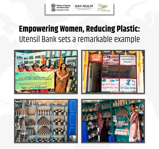 Secretary_MoHUA's tweet photo. Inspiring to know that people are contributing toward Reducing plastic waste and promoting sustainability, MEPMA, Telangana. #SHG women have established 32 Bartan banks in all District Headquarters. 

#EmpoweringWithDAYNULM #DAYNULM_TransformingLives https://t.co/KwksweJoQE