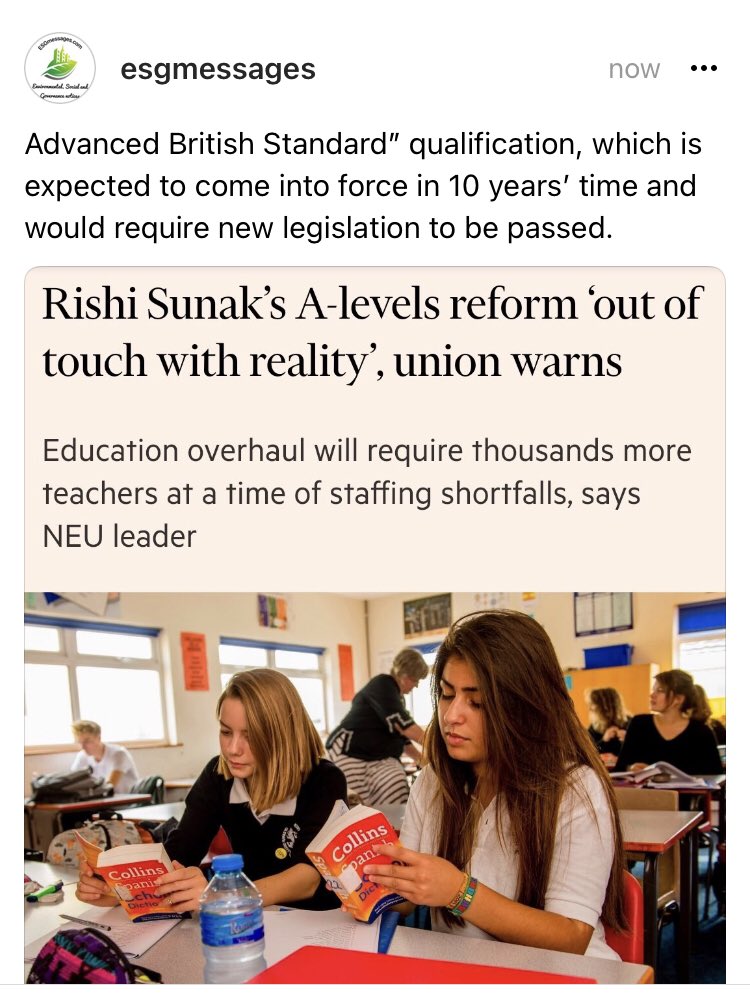 esgmessages's tweet image. Will this reform be relevant/flexible enough way to learn and meet the needs of students and industry in 10 years time.

#teachersoftwitter #teachersuk #parentsuk #twitteredu #UKteachers #parents #alevels #costoflivinguk #alevels #uni #schoolsuk #education #uk #esgmessages