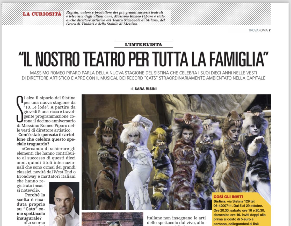 Sul #TrovaRoma di oggi Massimo Romeo Piparo (@PeepArrow) parla con @SaraRisini della nuova stagione del @TeatroSistina, che celebra i suoi dieci anni nelle vesti di direttore artistico e inaugura con il musical dei record #Cats. In edicola con @repubblica. Inviti per i lettori.